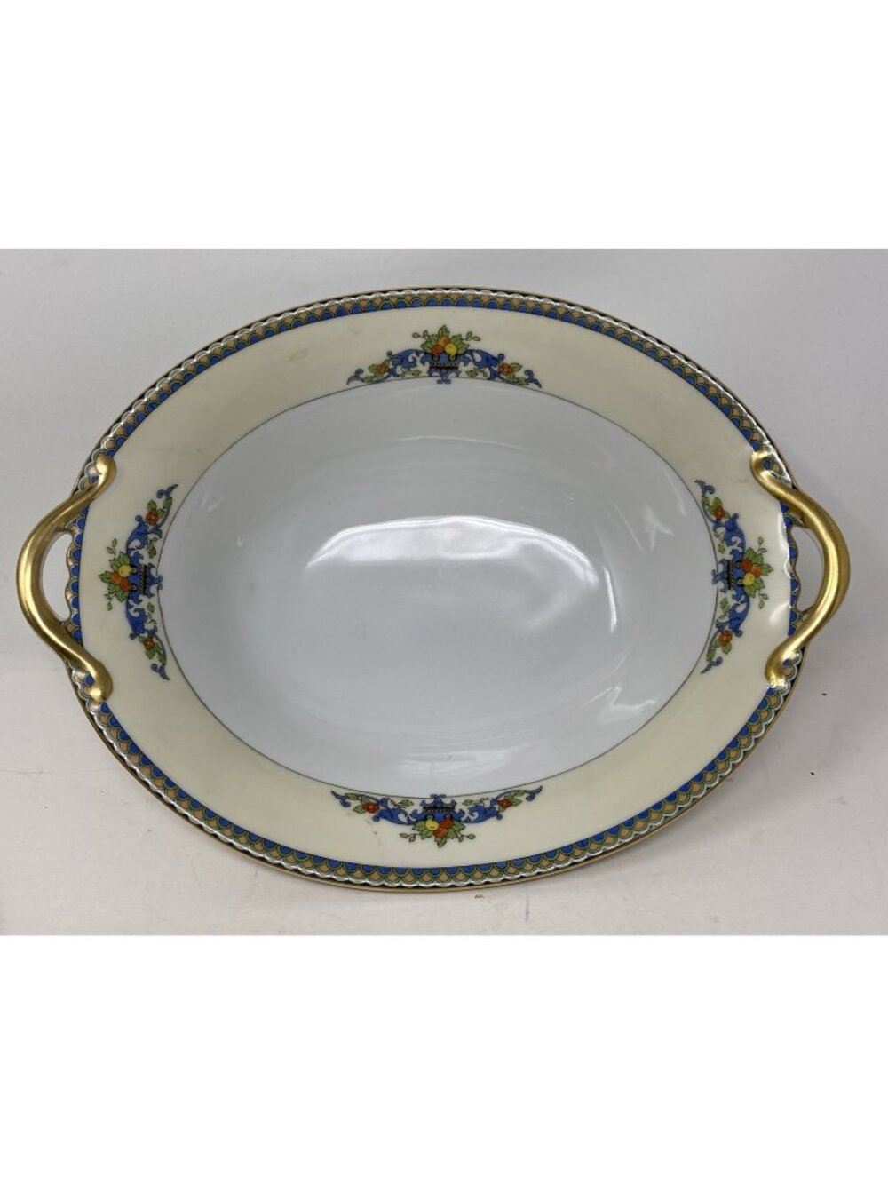 Antique Noritake Sorrento Oval Serving Dish Blue Scrolls Fruit Gold Trim 10.5”
